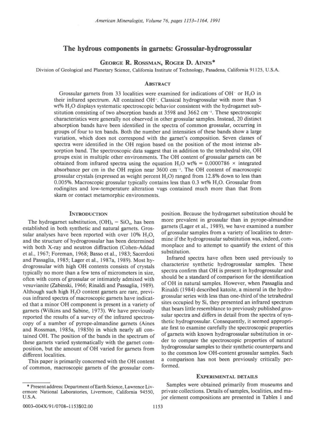 The Hydrous Components in Garnets: Grossular-Hydrogrossular Gnoncr R