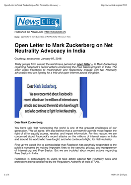 Open Letter to Mark Zuckerberg on Net Neutrality Advocacy in India Open Letter to Mark Zuckerberg on Net Neutrality Advocacy in India
