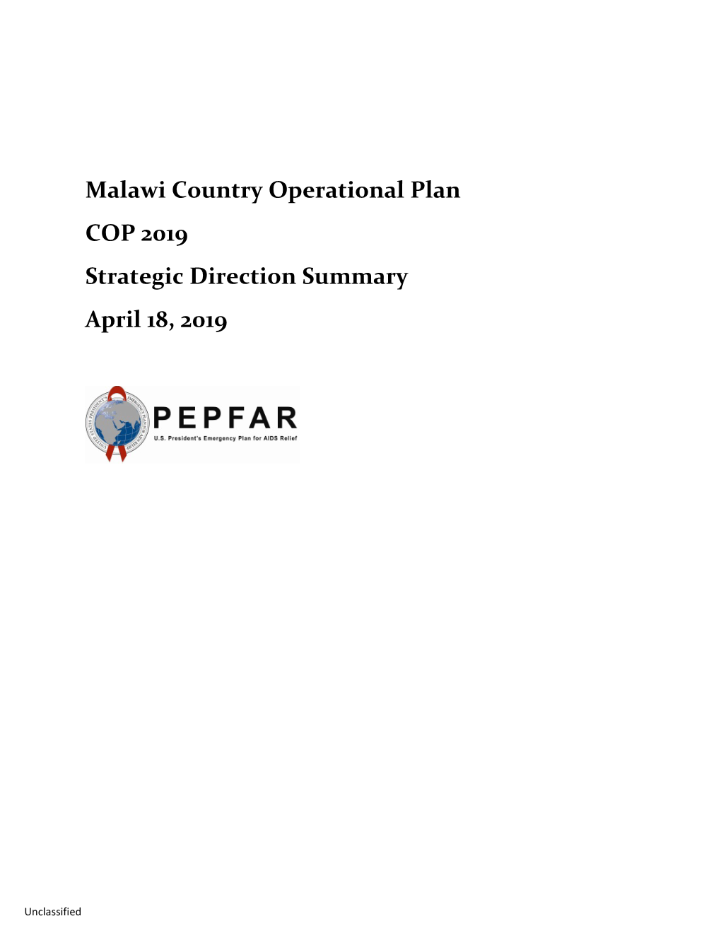 Malawi Country Operational Plan 2019 Strategic Direction Summary