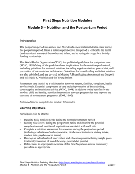 First Steps Nutrition Modules Module 5 – Nutrition and the Postpartum Period