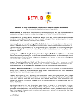 Netflix and Jio MAMI 21St Mumbai Film Festival with Star Celebrate Women in Entertainment “Our Stories Just Don’T Work Without Women”, Says Netflix