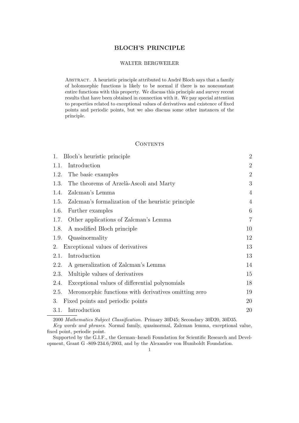 BLOCH's PRINCIPLE Contents 1. Bloch's Heuristic Principle 2 1.1