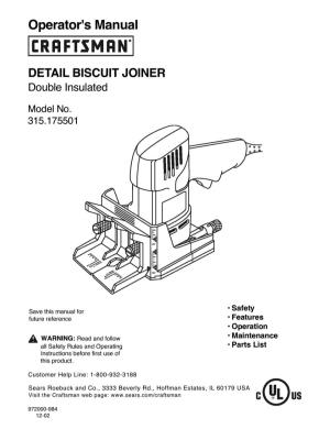 Operator's Manual DETAIL BISCUIT JOINER Double Insulated