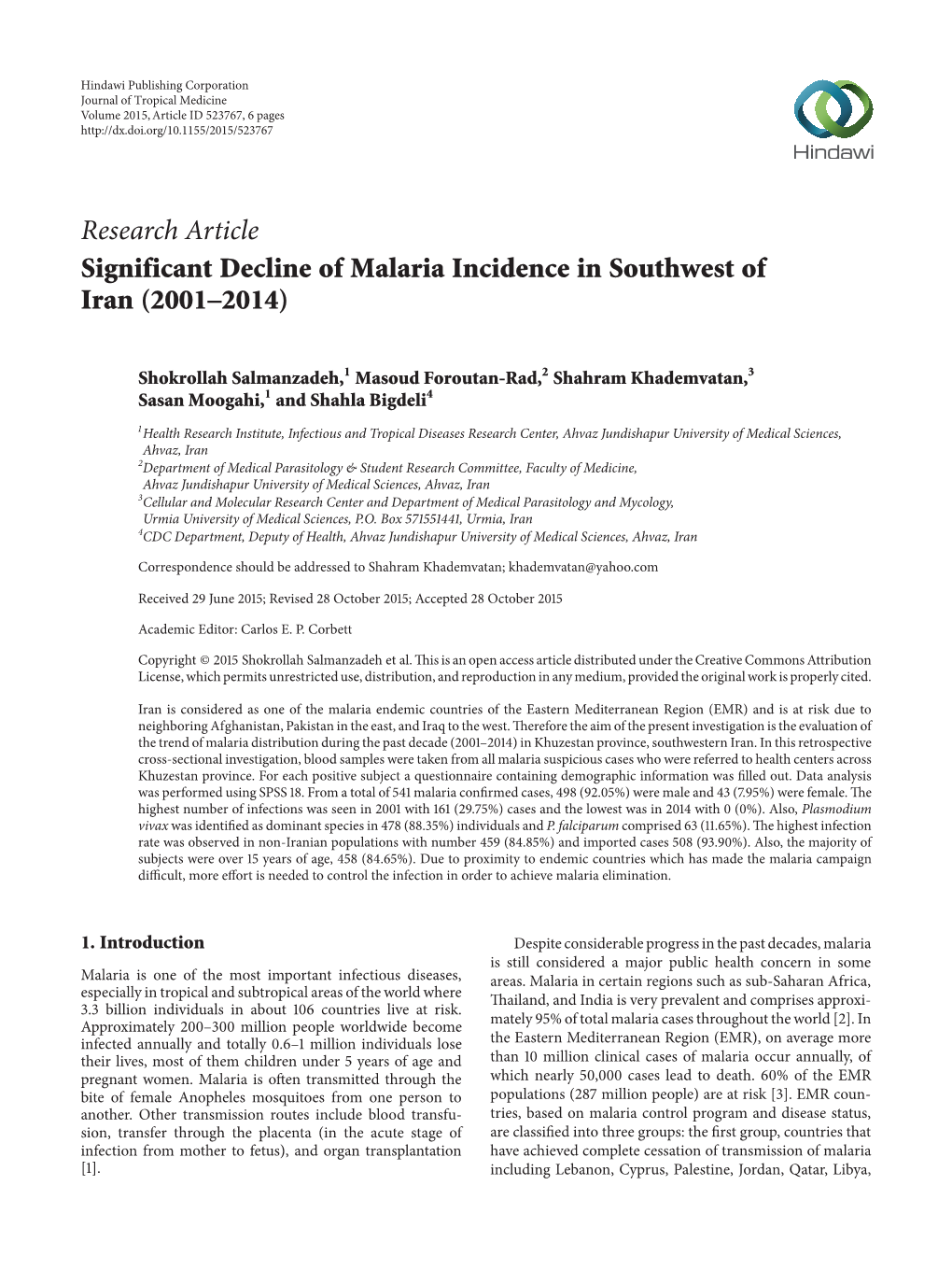 Significant Decline of Malaria Incidence in Southwest of Iran (2001–2014)