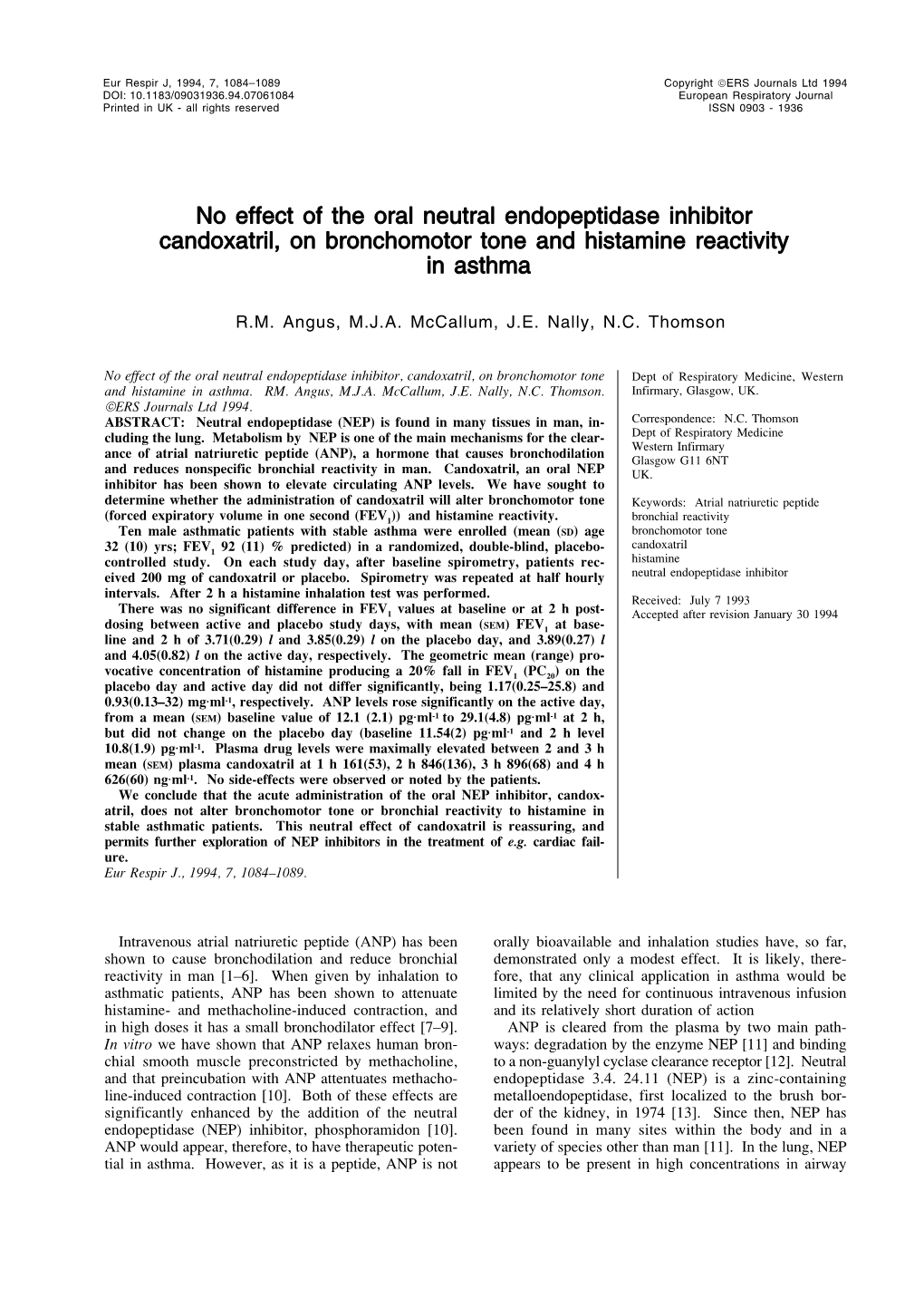 No Effect of the Oral Neutral Endopeptidase Inhibitor Candoxatril, on Bronchomotor Tone and Histamine Reactivity in Asthma