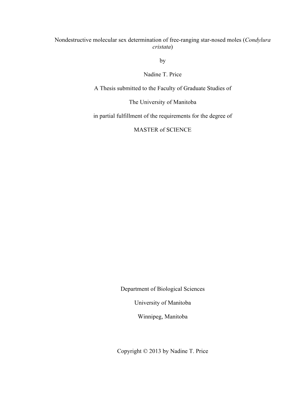 Nondestructive Molecular Sex Determination of Free-Ranging Star-Nosed Moles (Condylura Cristata)