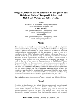 Integrasi, Interkoneksi “Keislaman, Kebangsaan Dan Nahdlatul Wathan” Perspektif Historis Dari Nahdlatul Wathan Untuk Indonesia