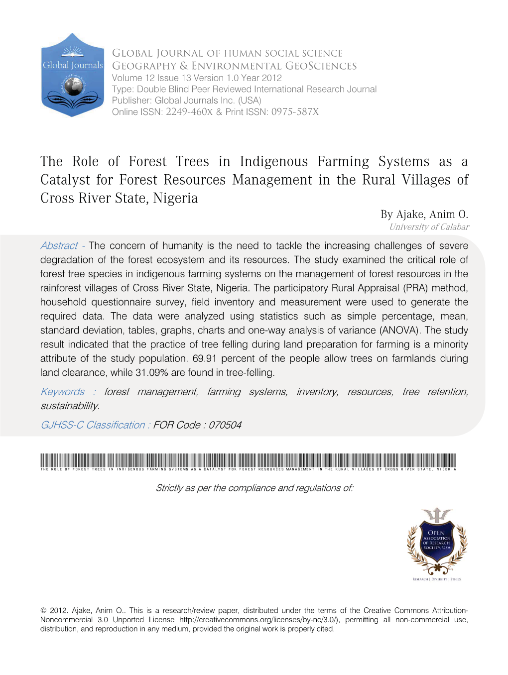 The Role of Forest Trees in Indigenous Farming Systems As