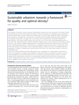 Sustainable Urbanism: Towards a Framework for Quality and Optimal Density? Steffen Lehmann