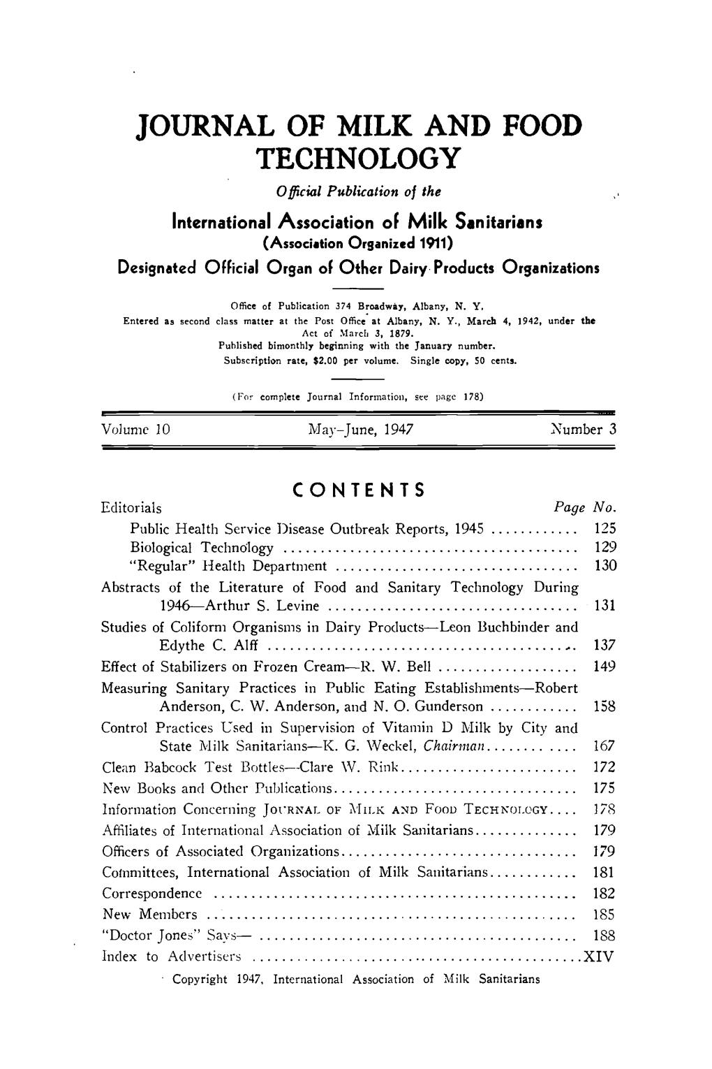 JOURNAL of MILK and FOOD TECHNOLOGY Official Publication of the International Association of Milk Sanitarians (Association Organized 1911)