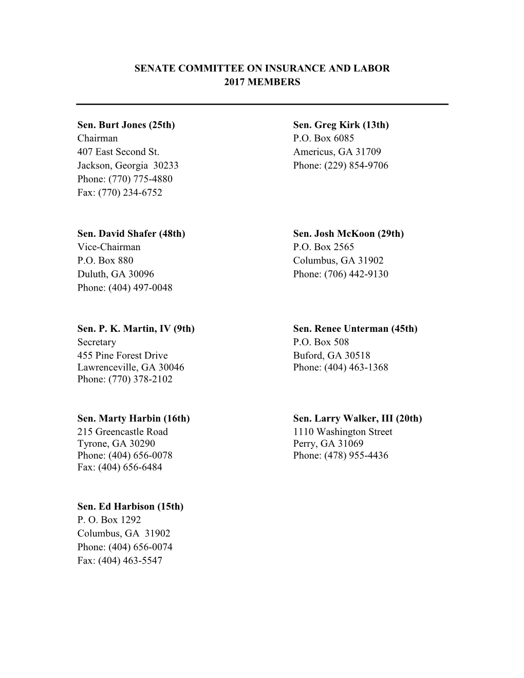 Senate Committee on Insurance and Labor 2017 Members