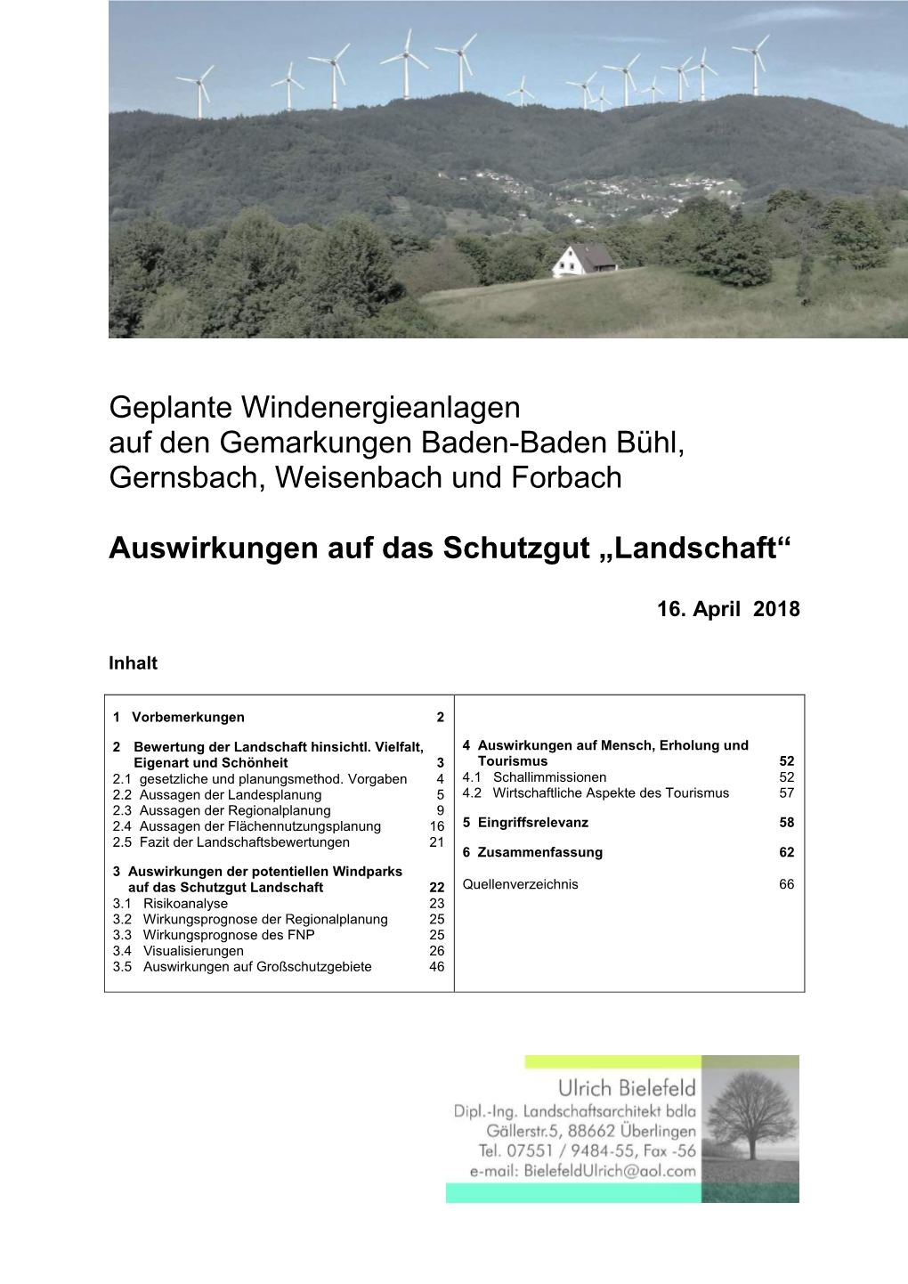 Geplante Windenergieanlagen Auf Den Gemarkungen Baden-Baden Bühl, Gernsbach, Weisenbach Und Forbach