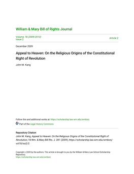 Appeal to Heaven: on the Religious Origins of the Constitutional Right of Revolution