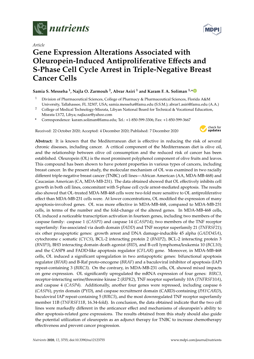 Gene Expression Alterations Associated with Oleuropein-Induced Antiproliferative Eﬀects and S-Phase Cell Cycle Arrest in Triple-Negative Breast Cancer Cells