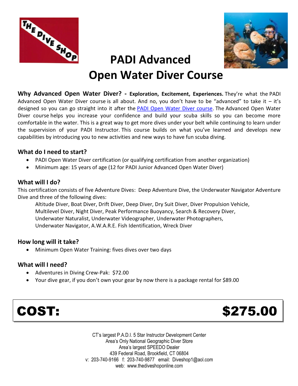 PADI Advanced Open Water Diver Course