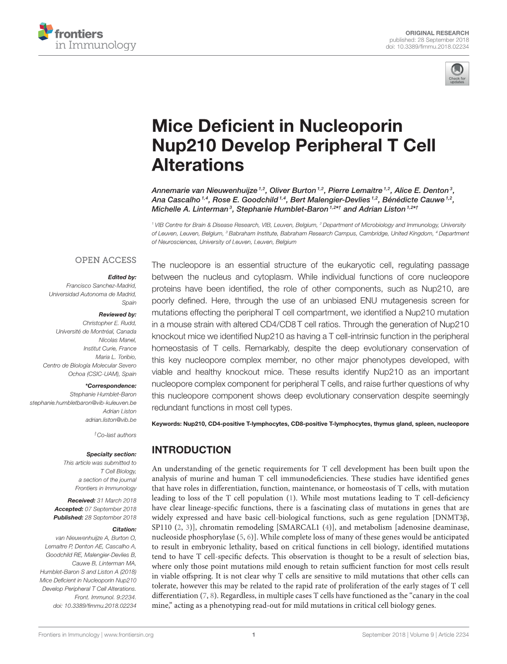 Mice Deficient in Nucleoporin Nup210 Develop Peripheral T Cell Alterations