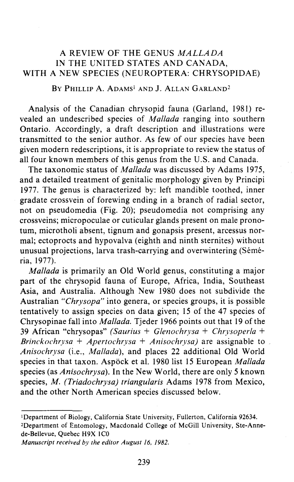 A Review of the Genus Mallada in the United States and Canada, with a New Species (Neuroptera: Chrysopidae)