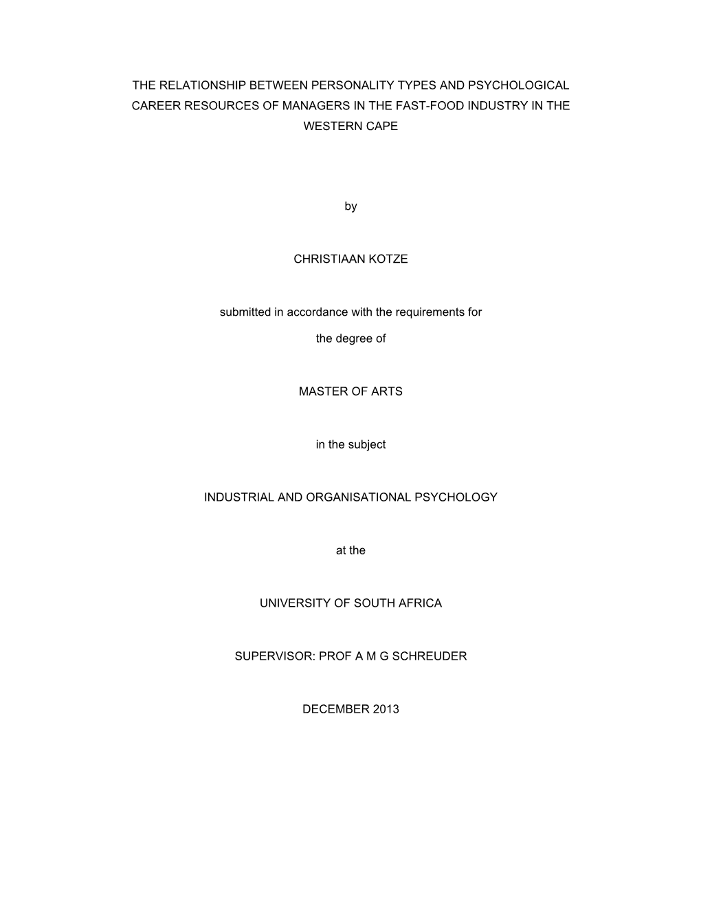 The Relationship Between Personality Types and Psychological Career Resources of Managers in the Fast-Food Industry in the Western Cape