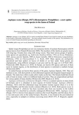 Auplopus Rectus (Haupt, 1927) (Hymenoptera: Pompilidae) – a New Spider Wasp Species to the Fauna of Poland