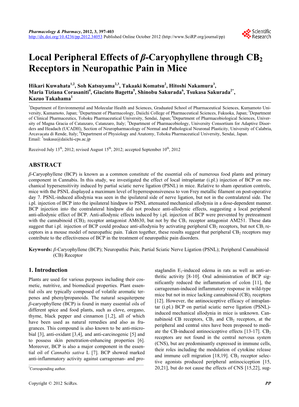 Local Peripheral Effects of Β-Caryophyllene Through CB2 Receptors in Neuropathic Pain in Mice