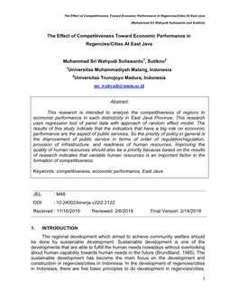 The Effect of Competitiveness Toward Economic Performance in Regencies/Cities at East Java