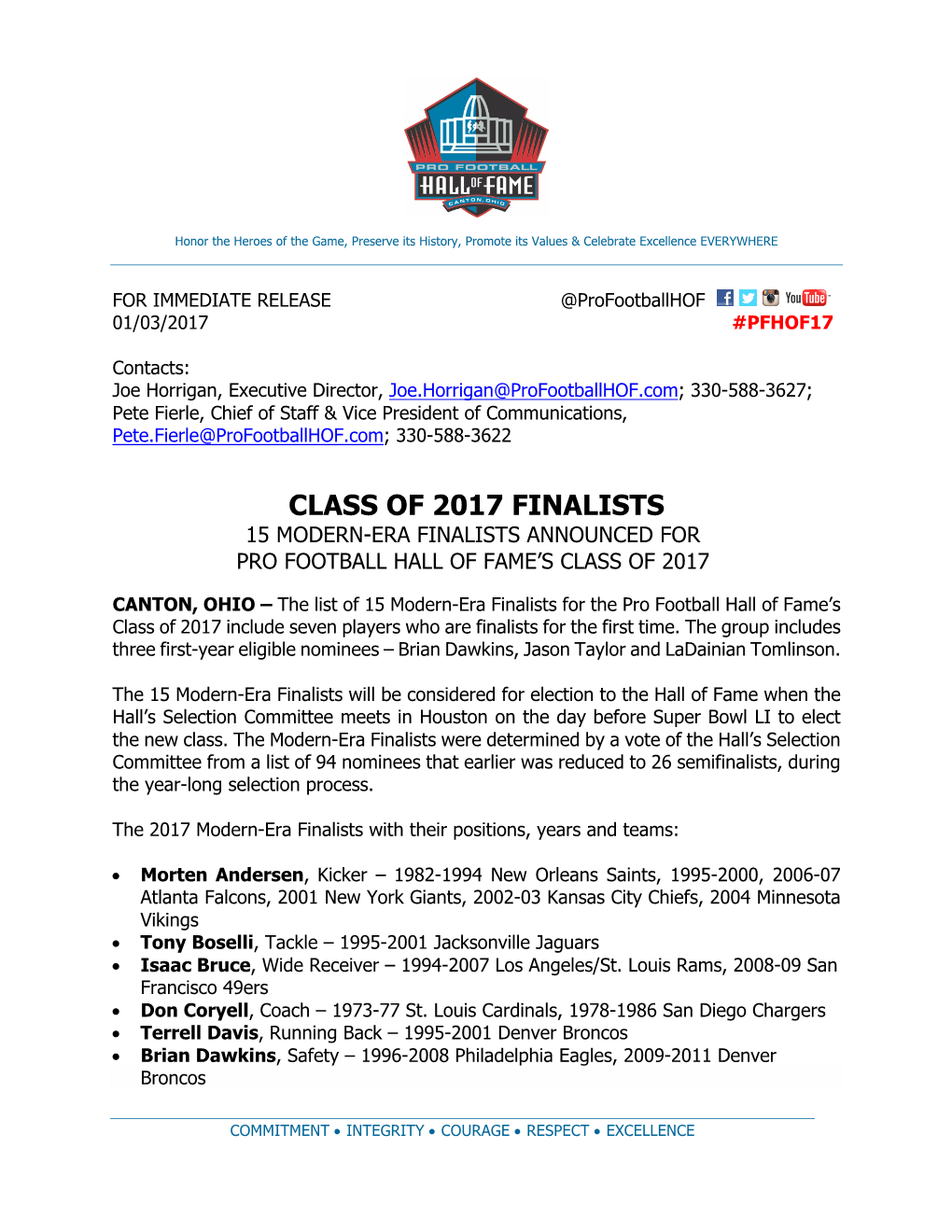 Class of 2017 Finalists 15 Modern-Era Finalists Announced for Pro Football Hall of Fame’S Class of 2017