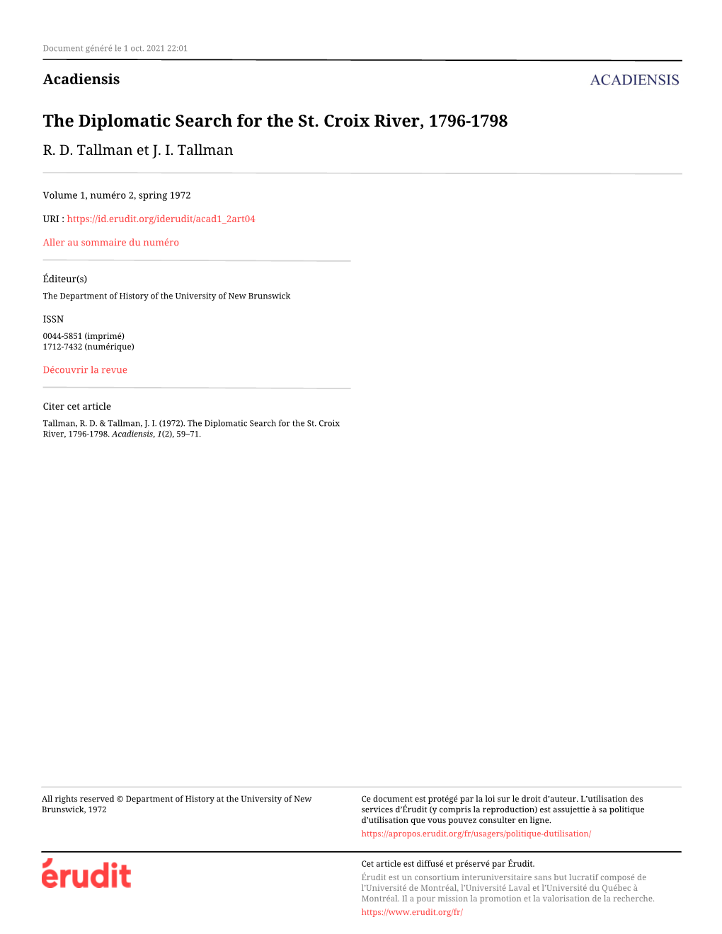 The Diplomatic Search for the St. Croix River, 1796-1798 R