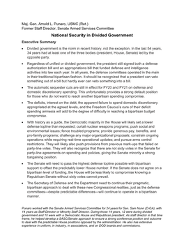 National Security in Divided Government Executive Summary • Divided Government Is the Norm in Recent History, Not the Exception