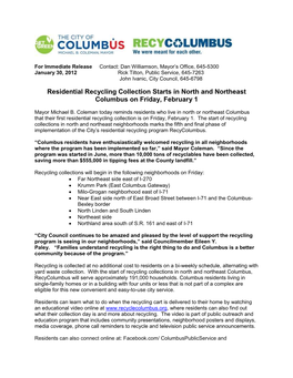 Residential Recycling Collection Starts in North and Northeast Columbus on Friday, February 1