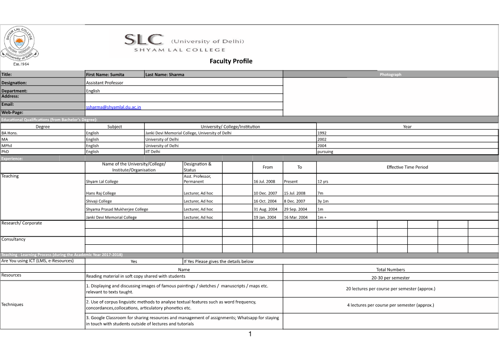 Sumita Sharma. Faculty Profile Pro Forma 7 Jan 2021