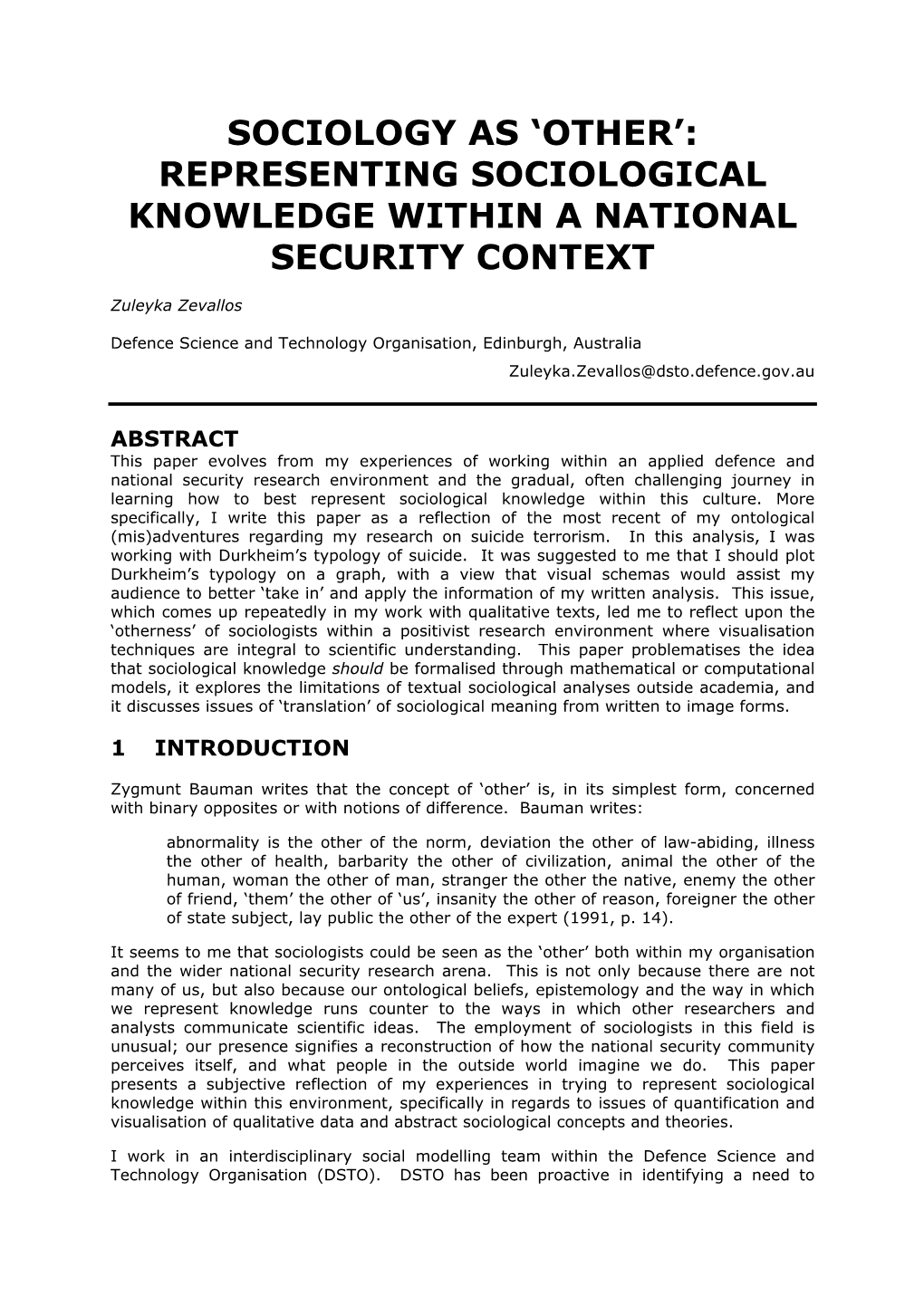 'Other': Representing Sociological Knowledge Within a National Security Context
