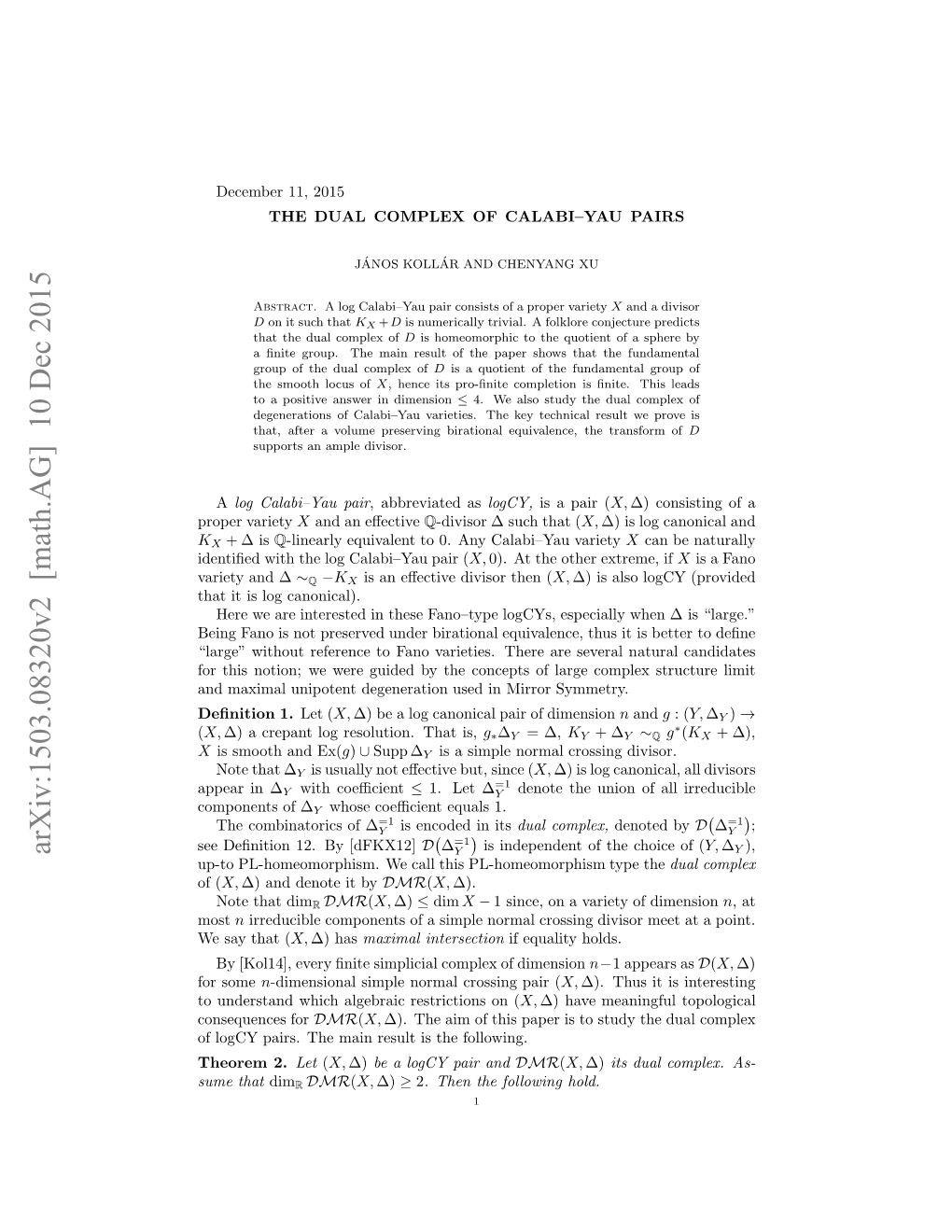 Arxiv:1503.08320V2 [Math.AG] 10 Dec 2015 O Hsnto;W Eegie Ytecnet Flrecmlxstr Complex Large of Symmetry