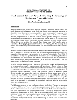 The Lessons of Holocaust Rescue for Teaching the Psychology of Altruism and Prosocial Behavior by Chris Jazwinski and Courtney Hill