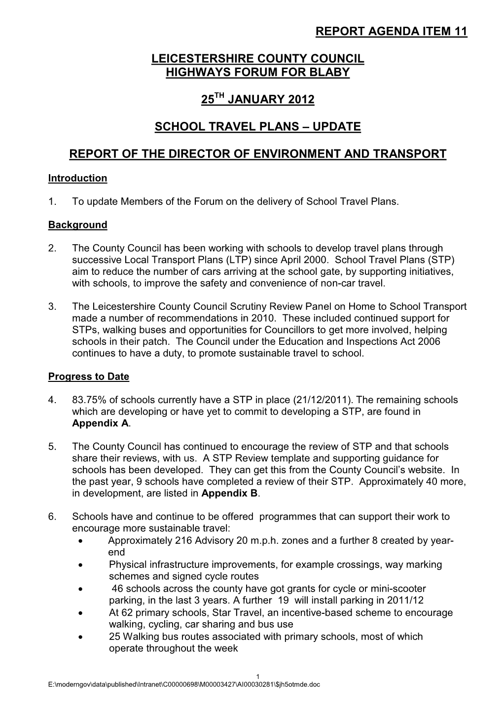 January 2012 School Travel Plans