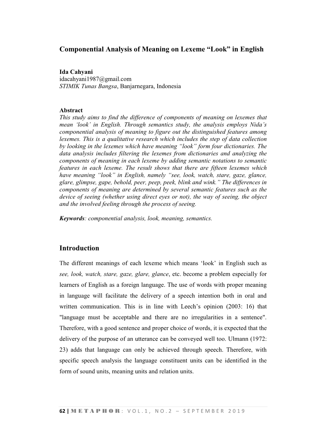 Componential Analysis of Meaning on Lexeme “Look” in English