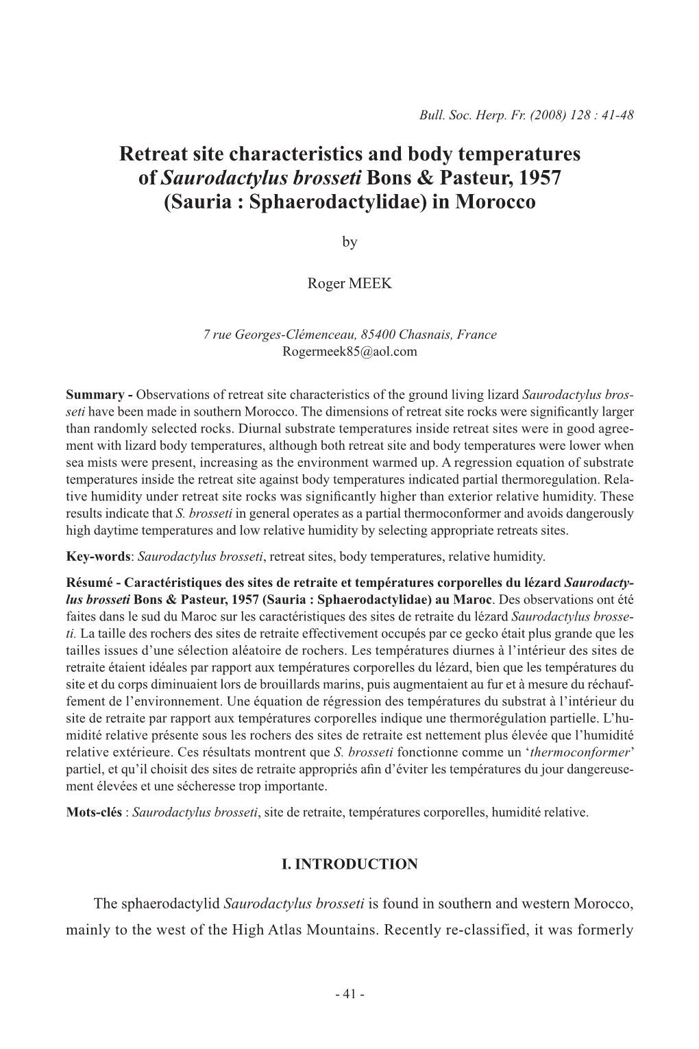 Retreat Site Characteristics and Body Temperatures of Saurodactylus Brosseti Bons & Pasteur, 1957