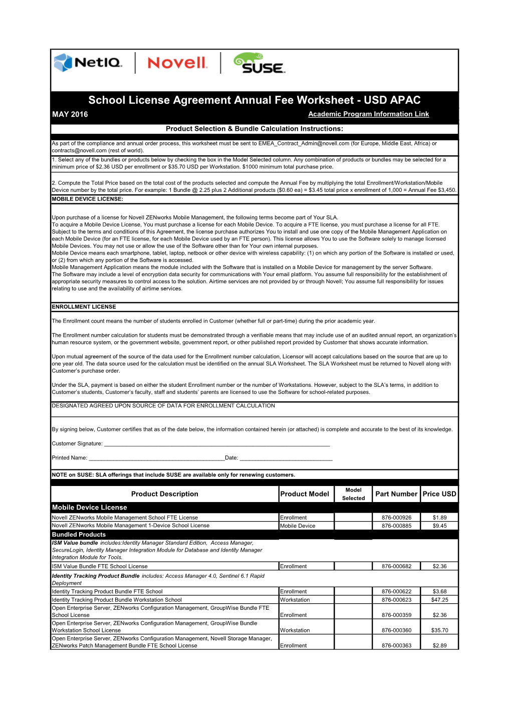 School License Agreement Annual Fee Worksheet - USD APAC MAY 2016 Academic Program Information Link Product Selection & Bundle Calculation Instructions