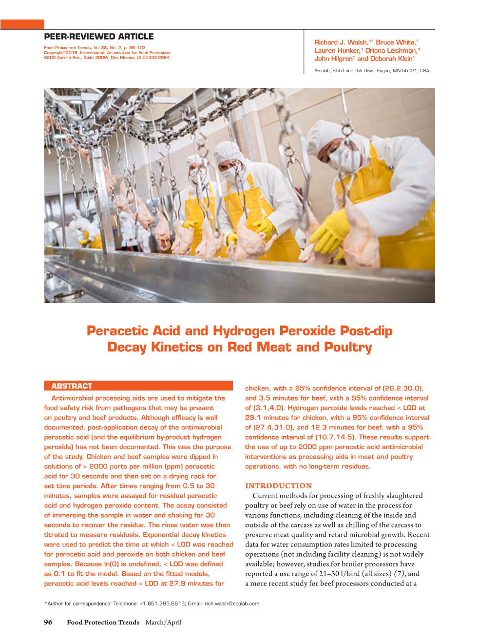 Peracetic Acid and Hydrogen Peroxide Post-Dip Decay Kinetics on Red Meat and Poultry