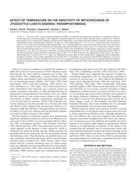 Effect of Temperature on the Infectivity of Metacercariae of Zygocotyle Lunata (Digenea: Paramphistomidae)