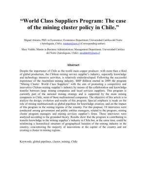 World Class Suppliers Program: the Case of the Mining Cluster Policy in Chile.”