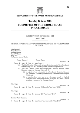 Tuesday 16 June 2015 COMMITTEE of the WHOLE HOUSE PROCEEDINGS