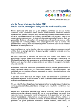 Junta General De Accionistas 2021 Paolo Vasile, Consejero Delegado De Mediaset España