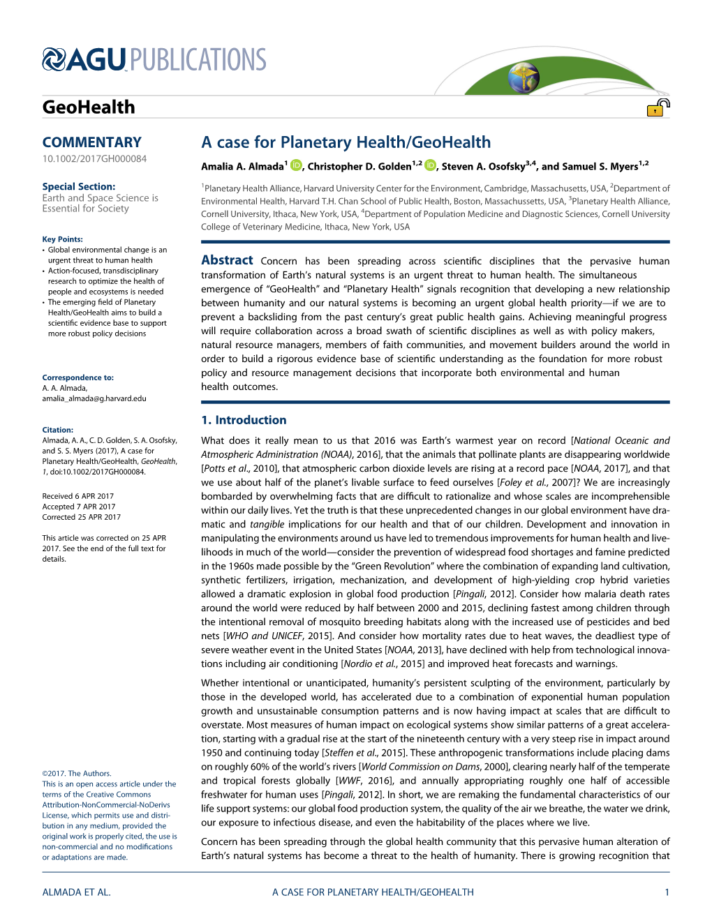 A Case for Planetary Health/Geohealth 10.1002/2017GH000084 Amalia A