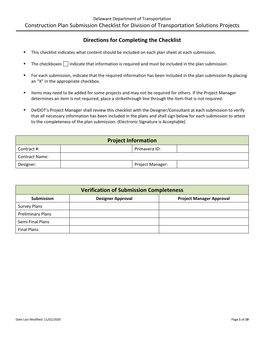 Construction Plan Submission Checklist for Division of Transportation Solutions Projects
