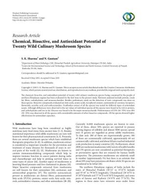 Research Article Chemical, Bioactive, and Antioxidant Potential of Twenty Wild Culinary Mushroom Species