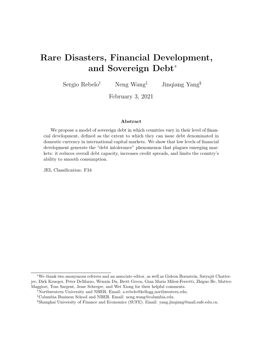 Rare Disasters, Financial Development, and Sovereign Debt∗
