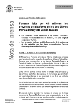 Fomento Licita Por 6,8 Millones Los Proyectos De Plataforma De Los Dos Últimos Tramos Del Trayecto Lubián-Ourense