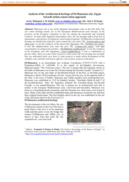 Analysis of the Architectural Heritage of El-Mansoura City, Egypt Towards Urban Conservation Approach