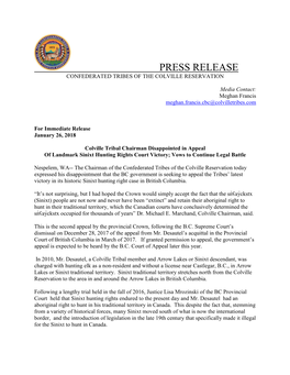 Press Release Confederated Tribes of the Colville Reservation