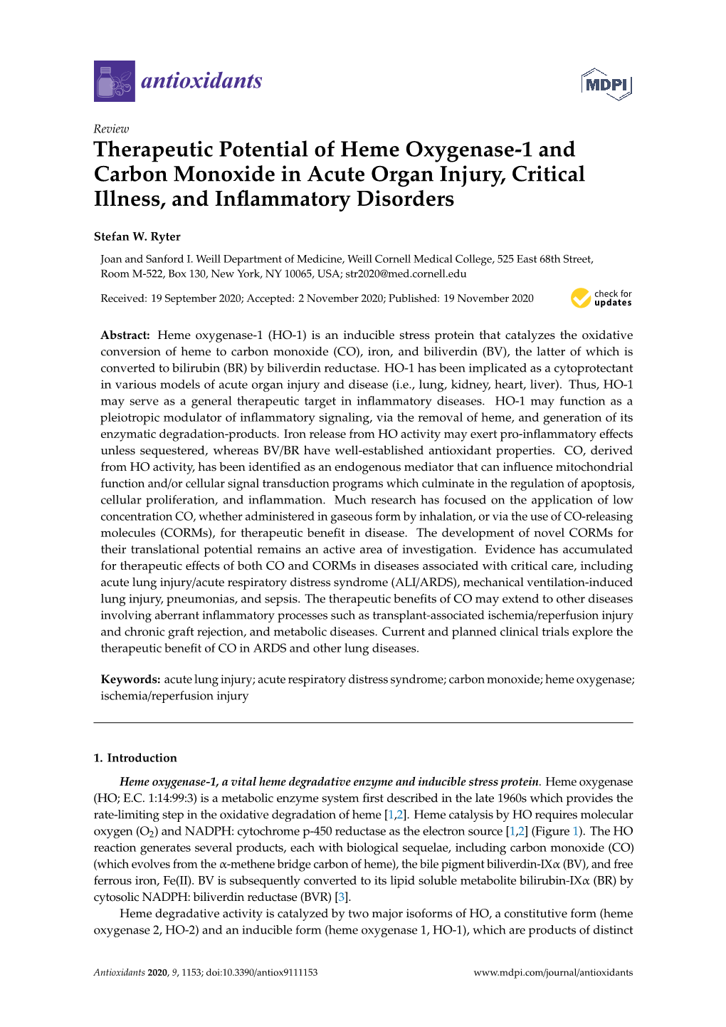 Therapeutic Potential of Heme Oxygenase-1 and Carbon Monoxide in Acute Organ Injury, Critical Illness, and Inﬂammatory Disorders